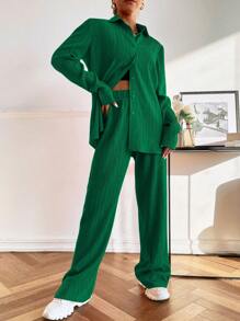 Mulvari 素色前紐扣襯衫和闊腿褲 - 墨綠色 - 查看 1