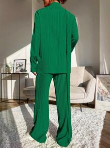 Mulvari 素色前紐扣襯衫和闊腿褲 - 墨綠色 - 查看 2