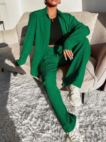 Mulvari 素色前紐扣襯衫和闊腿褲 - 墨綠色 - 查看 7