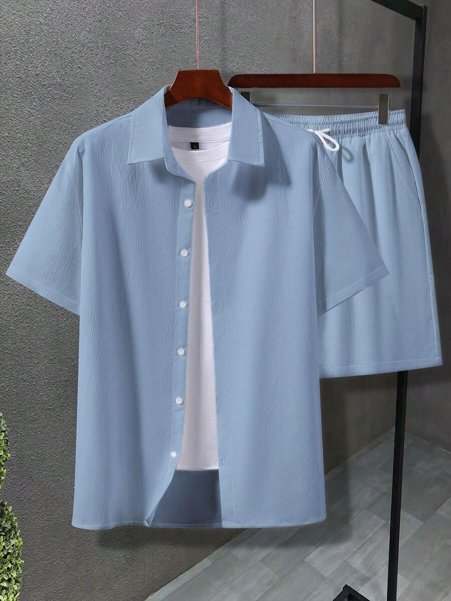 Manfinity Homme Hombres Camisa unicolor & Shorts de cintura con cordón sin camiseta - Azul - Ver 1