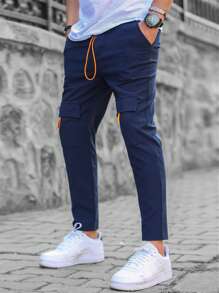 Manfinity LEGND Men Flap Pocket Drawstring Waist Cargo Trousers - Navy Blue - View 2