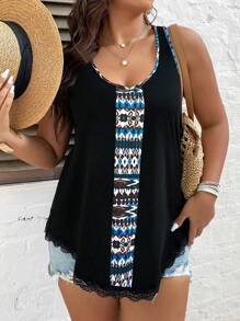 SHEIN LUNE Plus Contrast Binding Tank Top Graphic Tees Women Tops - Black - View 3