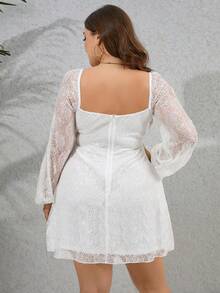 PARTHEA 大碼前繫帶燈籠袖蕾絲連衣裙 - 白色 - 查看 2