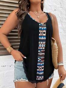 SHEIN LUNE Plus Contrast Binding Tank Top Graphic Tees Women Tops - Black - View 4