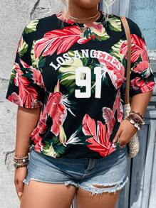 SHEIN Holidaya Plus Tropical & Letter Graphic Drop Shoulder Tee - Black - View 1