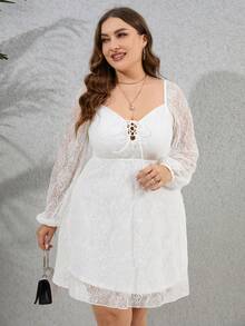 PARTHEA 大碼前繫帶燈籠袖蕾絲連衣裙 - 白色 - 查看 3