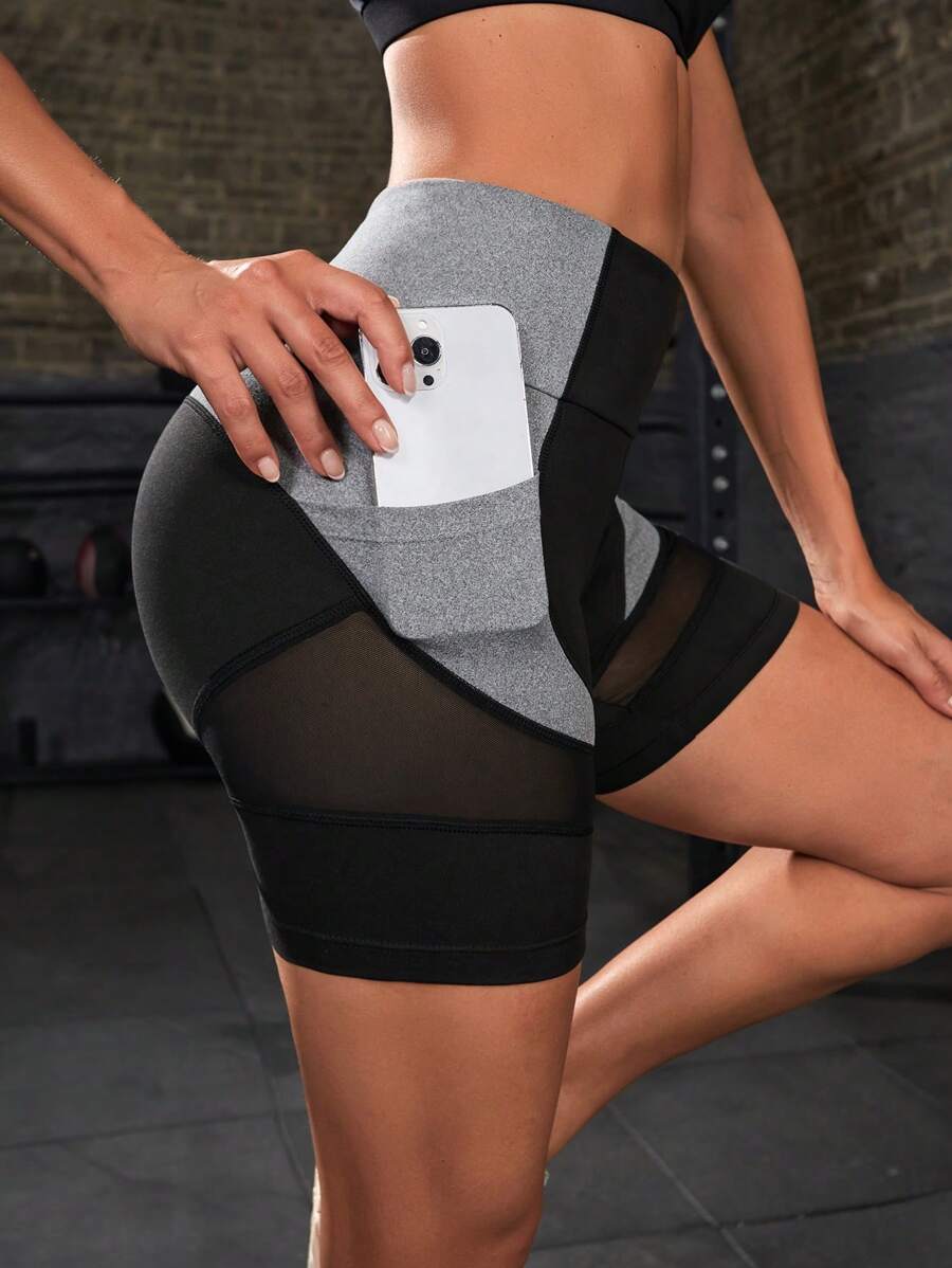 Yoga Futuristic Quần Shorts Thể thao Nữ Tương phản Mesh Túi Khối Màu - Nhiều màu - Xem 1