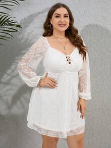 PARTHEA 大碼前繫帶燈籠袖蕾絲連衣裙 - 白色 - 查看 6