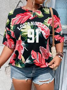 SHEIN Holidaya Plus Tropical & Letter Graphic Drop Shoulder Tee - Black - View 5
