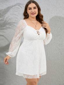 PARTHEA 大碼前繫帶燈籠袖蕾絲連衣裙 - 白色 - 查看 8