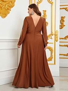 Faeriesty Elegante vestido de noche formal con escote en V profundo y abertura hasta el muslo para tallas grandes - Perfecto para eventos de alfombra roja, cenas de gala, noches de lujo en resort, bodas de destino y sesiones de fotos grandiosas. - Marrón - Ver 2