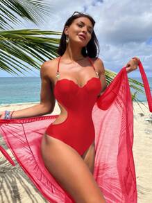 SHEIN Swim Beach Backless Halter One-Piece Swimsuit Summer - Red - View 5
