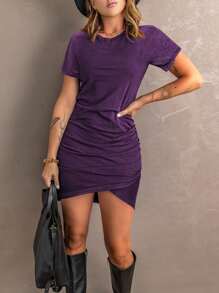 SHEIN LUNE Solid Ruched Side Tulip Hem Bodycon Dress