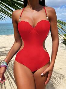 SHEIN Swim Beach Backless Halter One-Piece Swimsuit Summer - Red - View 6