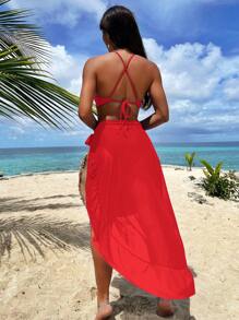 SHEIN Swim Beach Backless Halter One-Piece Swimsuit Summer - Red - View 7