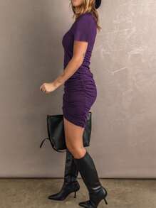 SHEIN LUNE Solid Ruched Side Tulip Hem Bodycon Dress