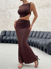 SHEIN X Jessie Firerie Solid Crop Top & Ruched Waist Skirt - Chocolate Brown - View 7