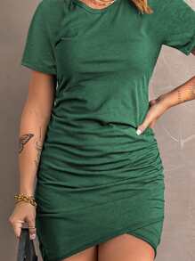 SHEIN LUNE Solid Ruched Tulip Hem Dress - Green - View 4