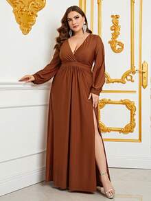 Faeriesty Elegante vestido de noche formal con escote en V profundo y abertura hasta el muslo para tallas grandes - Perfecto para eventos de alfombra roja, cenas de gala, noches de lujo en resort, bodas de destino y sesiones de fotos grandiosas. - Marrón - Ver 6