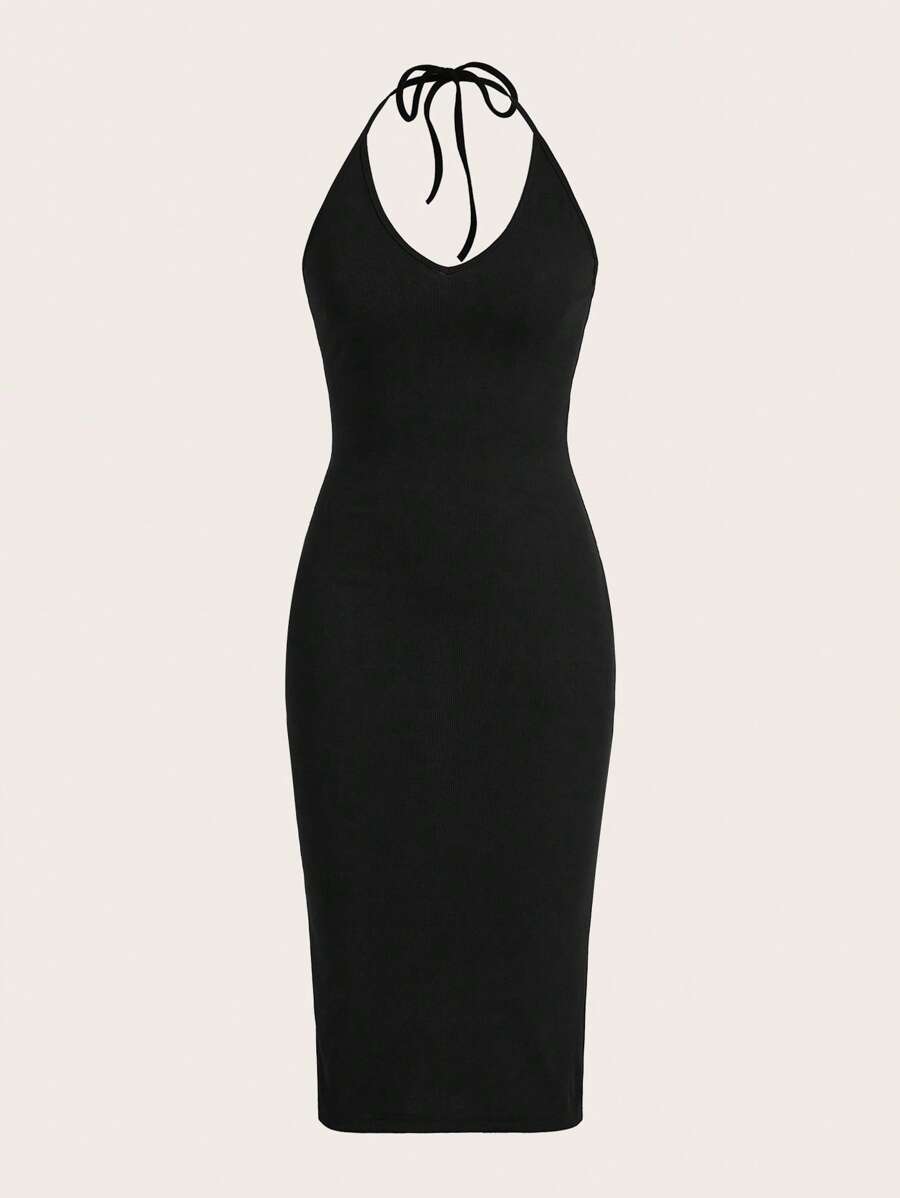 SHEIN EZwear Đầm Lộ Lưng Buộc lại màu trơn Giải trí - màu đen - Xem 1