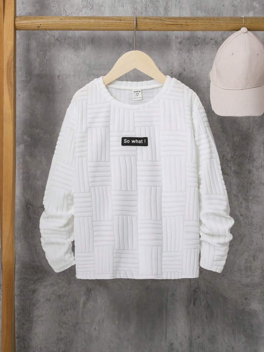 SHEIN Áo thun dài tay có hoa văn cổ tròn rộng rãi dành cho nam của Tween - trắng - Xem 1