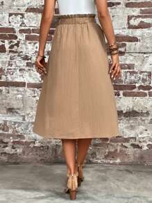 SHEIN LUNE Váy nữ Túi Nút phía trước Quần paper-bag màu trơn Giải trí - Màu Khaki - Xem 4