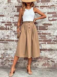 SHEIN LUNE Váy nữ Túi Nút phía trước Quần paper-bag màu trơn Giải trí - Màu Khaki - Xem 6