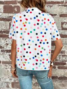 SHEIN LUNE Polka Dot Print V-collar Top - White - View 3