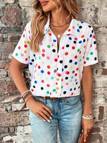 SHEIN LUNE Polka Dot Print V-collar Top - White - View 4