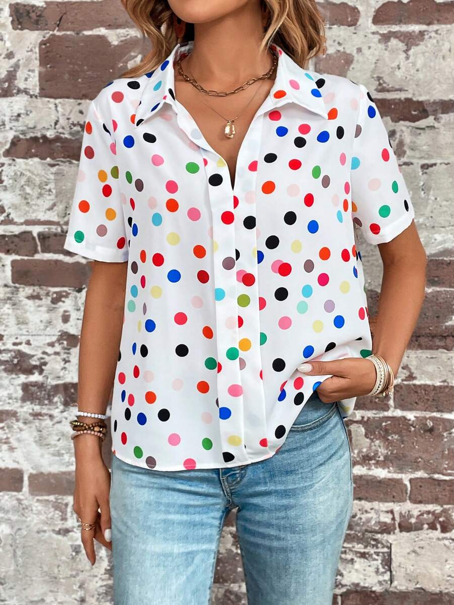 SHEIN LUNE Polka Dot Print V-collar Top - White - View 1