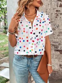 SHEIN LUNE Polka Dot Print V-collar Top - White - View 5