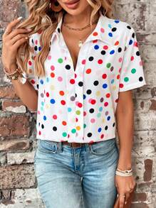 SHEIN LUNE Polka Dot Print V-collar Top - White - View 6
