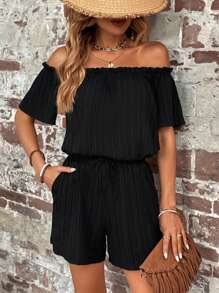 SHEIN LUNE Off Shoulder Frill Trim Top & Shorts - Black - View 1