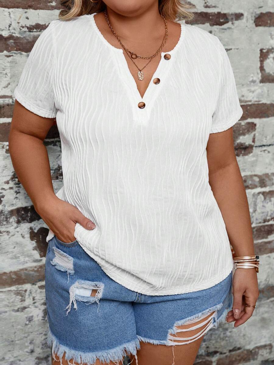 SHEIN LUNE Áo thun Plus size Nút phía trước màu trơn Giải trí - trắng - Xem 1