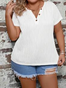 SHEIN LUNE Áo thun Plus size Nút phía trước màu trơn Giải trí - trắng - Xem 3