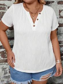 SHEIN LUNE Áo thun Plus size Nút phía trước màu trơn Giải trí - trắng - Xem 4