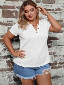 SHEIN LUNE Áo thun Plus size Nút phía trước màu trơn Giải trí - trắng - Xem 5