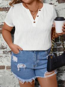 SHEIN LUNE Áo thun Plus size Nút phía trước màu trơn Giải trí - trắng - Xem 6