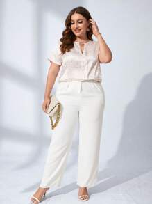SHEIN Clasi Áo sơ mi Plus Size màu trơn Thanh lịch - Màu be - Xem 5