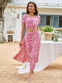 Aveloria Allover Print Crop Top & Skirt - Apricot - View 1