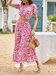 Aveloria Allover Print Crop Top & Skirt - Apricot - View 4