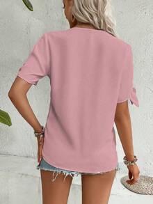 SHEIN LUNE 幾何織帶打結袖口開衩袖襯衫 - 粉色 - 查看 2