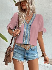 SHEIN LUNE 幾何織帶打結袖口開衩袖襯衫 - 粉色 - 查看 3