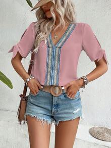 SHEIN LUNE 幾何織帶打結袖口開衩袖襯衫 - 粉色 - 查看 4