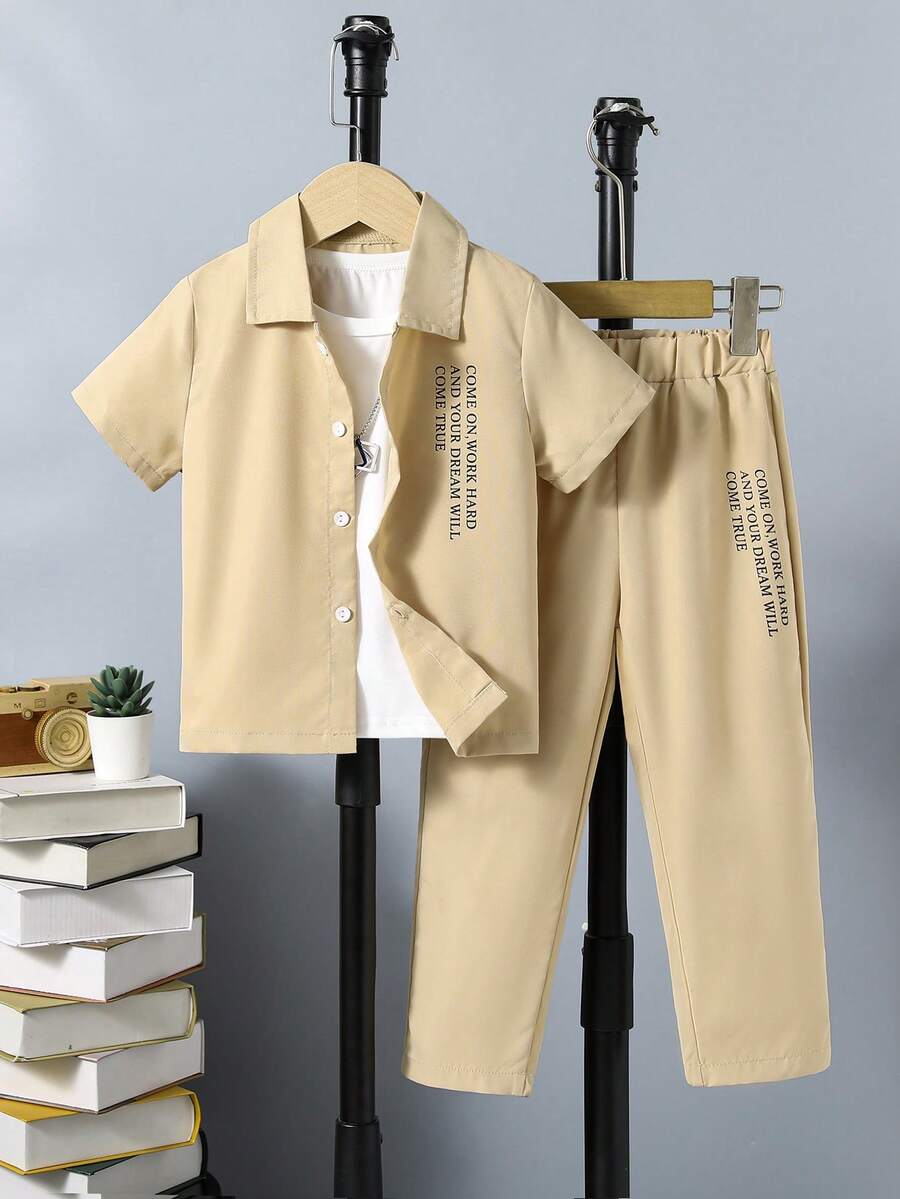 小男童標語圖案襯衫和褲子和背心上衣