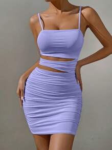 Allurite Cut Out Ruched Cami Bodycon Dress - Mauve Purple - View 4