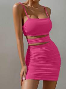 Allurite 鏤空側收褶吊帶緊身洋裝 - 玫紅色 - 查看 6