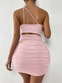 SHEIN Privé Đầm Lộ Lưng Cắt ra Xù màu trơn Gợi cảm - Màu Hồng baby - Xem 2