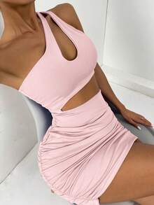 SHEIN Privé Đầm Lộ Lưng Cắt ra Xù màu trơn Gợi cảm - Màu Hồng baby - Xem 3