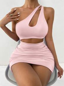 SHEIN Privé Đầm Lộ Lưng Cắt ra Xù màu trơn Gợi cảm - Màu Hồng baby - Xem 5